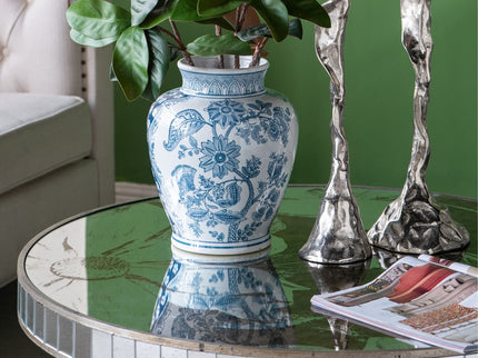 Round Table With Elegant Foral Design And Mirrored