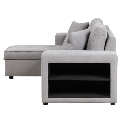 Modern L-Shape 3 Seat Reversible Sectional Couch, Pull Out Sleeper Sofa With Storage Chaise And 2 Stools For Living Room Furniture Set