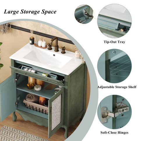 Bathroom Vanity With Rectangle Sink, Tip Out Tray - Antique Blue Green