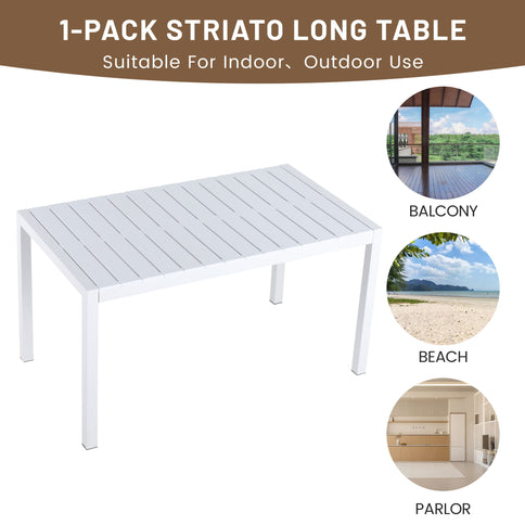 4 Piece Set Of Striped Color Blocking Single Chairs With Long Table - Cream White / Haze Green / White