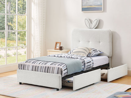 Upholstered Bed With Oversized Rabbit Ear Headboard, LED Lights & 4 Storage Drawers