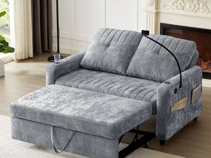 Modern Loveseat Pull Out Sofa Bed With Adjustable Backrest, Two Cup Holders, A Phone Holder, Three Charging Ports And Side Storage Pockets For Living Room