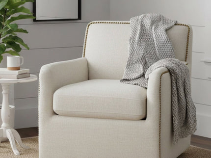 Tolland - Swivel Accent Chair With Antique Brass Nailhead Trim - Cream