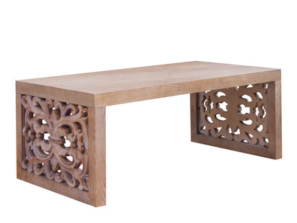 Rustic Carved Wood Coffee Table, Handcrafted Look With Ornate Side Panels
