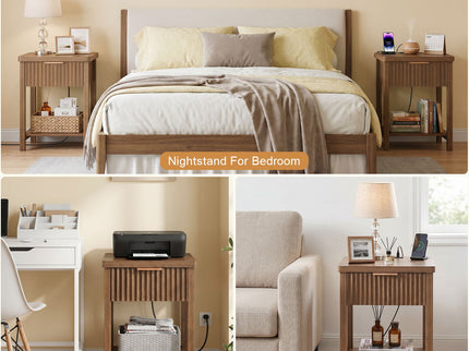 Nightstand, Bedside Table With Built In Charging Station (Set of 2) - Walnut