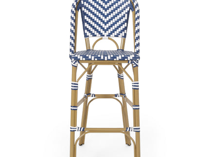 Outdoor Rattan French Barstool Set,, Bamboo, Seat Height - Navy Blue / White