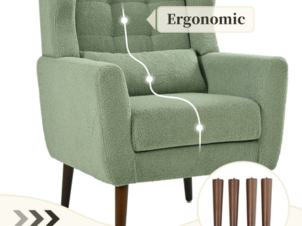 Modern Accent Chair, Teddy Fabric Living Room Chairs Comfy Reading Chair, Mid Century Accent Chair, Lounge Arm Chairs Armchair For Living Room Bedroom - Light Green