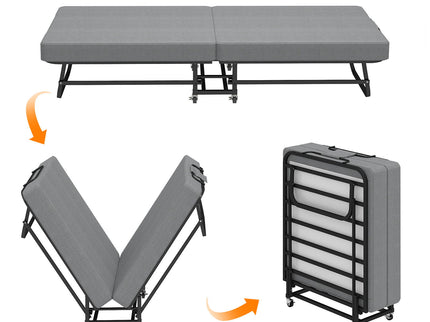 Twin Folding Bed With Memory Foam Mattress, 4 Lockable Wheels - Gray