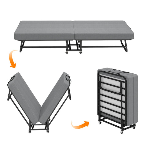 Twin Folding Bed With Memory Foam Mattress, 4 Lockable Wheels - Gray