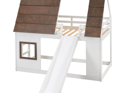 Wood Twin Size House Bunk Bed With Roof, Ladder And Slide - White / Brown