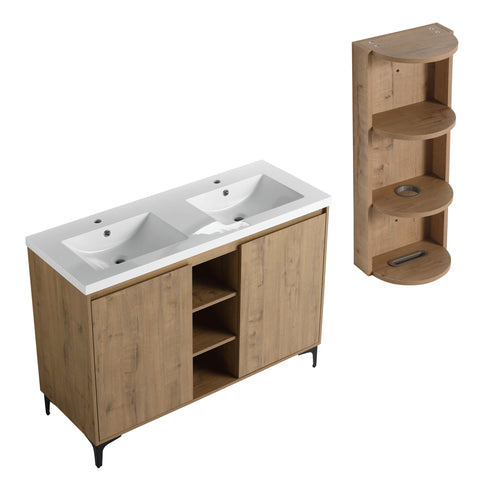 Elegant 48" Freestanding Bathroom Vanity With Double Resin Sink And Storage Rack Soft Close Doors - Imitative Oak