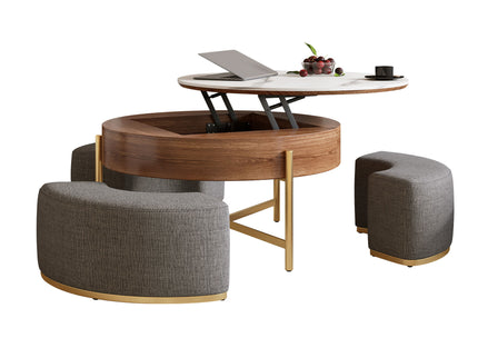 Lift Top Round Coffee Table With Hidden Storage, 3 Upholstered Nesting Ottomans - Brown / Gray / Golden / White