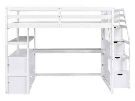 Loft Bed With Desk, Shelves, 2 Drawers, Storage Staircase