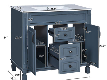 36" Bathroom Vanity With Top Sink, Basin On Cabinet With 2 Soft Closing Doors And 2 Drawers - Blue