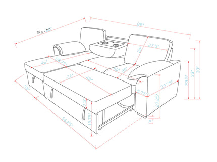 Rebecca - Sofa With Pull Out Bed, Storage Chaise, USB And Cup Holders - Dark Gray