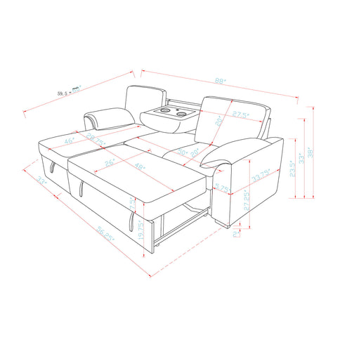 Rebecca - Sofa With Pull Out Bed, Storage Chaise, USB And Cup Holders - Dark Gray