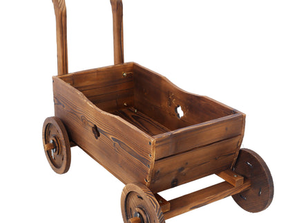 Wooden Wagon Planter Box Mobile Garden Planter With Wheels Handle Drain Hole Wood - Brown