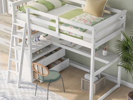 Modern Loft Bed With Built In Desk, Shelves, And 2 Drawers