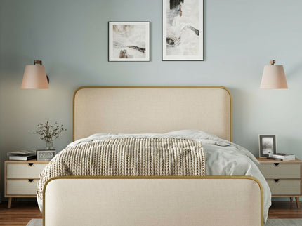 Queen Size Bed Frame With Curved Upholstered Headboard And Footboard - Beige / Gold