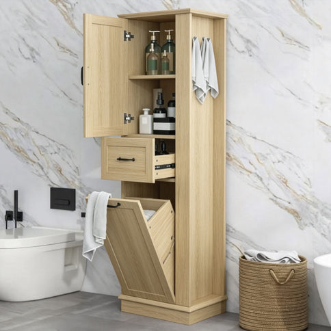 Tall Storage Cabinet With Tilt Out Compartment, Adjustable Shelves, Soft Close Hinges - Natural