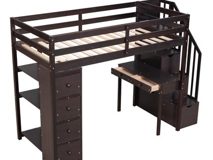 Loft Bed With Storage Drawers, Desk And Stairs With Shelves