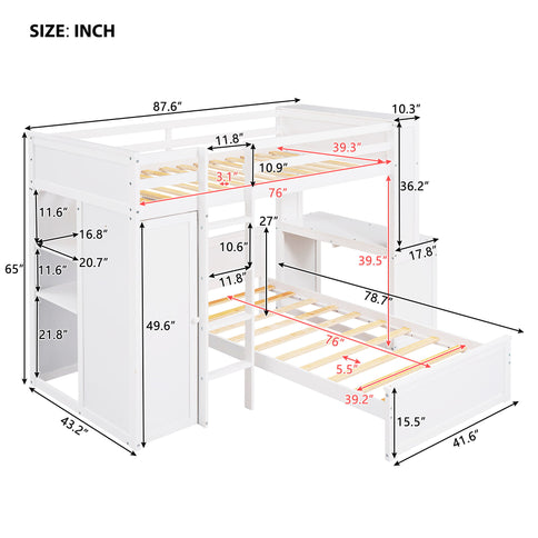 Loft Bed With A Stand Alone Bed, Shelves, Desk, And Wardrobe