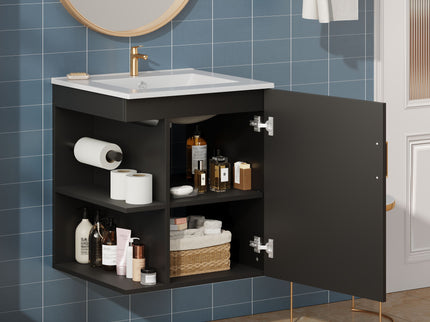Modern Wall Mounted Bathroom Cabinet With Side Shelf And Ceramic Sink