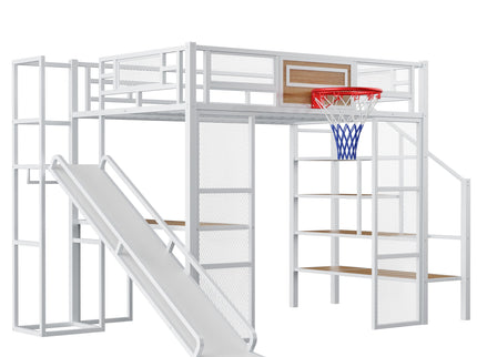 Loft Bed With Built In Desk, Open Wardrobe, Basketball Hoop, Slide And Staircase