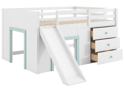 Modern Low Loft Bed With Slide, 3 Storage Drawers, And 2 Doors