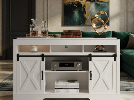 Farmhouse TV Stand With Sliding Barn Doors & Adjustable Storage