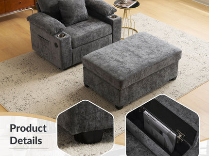 Modern Oversized Chair With Ottoman, Cupholders And USB Charging Ports