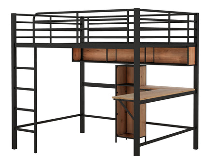 Full Size & Loft Bed With L-Shaped Desk And Shelves - Black