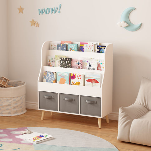 Bookshelf With 3 Bins, Storage Shelf For Toys And Books