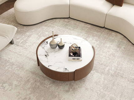 Round Coffee Table With Ball Feet, Dual Storage Drawers For Living Room - Walnut Brown