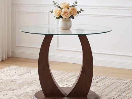 2 In 1 Round Glass Dining Table With Adjustable Curved Base, - Transparent / Walnut
