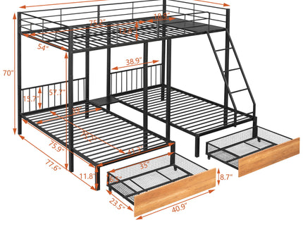 Triple Bunk Bed With Drawers And Guardrails