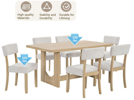 7 Piece Dining Table Set For 6, Rectangular Table With 6 Upholstered Chairs, Sturdy U - Shaped Base For Dining Room - Light Oak
