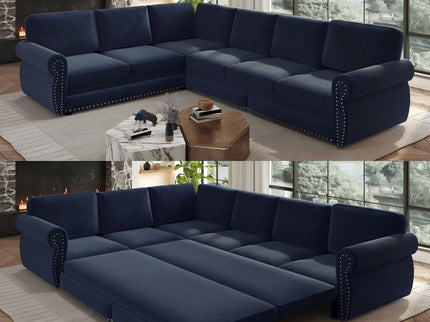 L-Shaped Sofa Couch With Pull Out Bed With Nailhead Trim & Rolled Arm