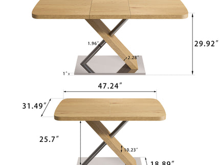 Retractable Square Dining Table, Seating 4 - 6 People, Cross Base With Stainless Steel Tubing, Expandable - Natural