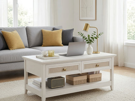 Coffee Table With Drawers & Storage Shelf - White