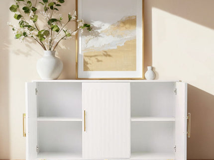 3 Door Large Storage Sideboard With Handles For Kitchen, Dining Room And Living Room, Accent Buffet Cabinet, Coffee Bar Sideboard Cabinet With 3 Doors - White / Gold