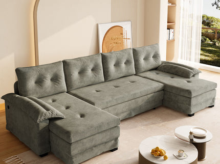 U-Shaped Sleeper Sofa With Pull Out Bed, Removable Armrests & USB Ports For Living Room