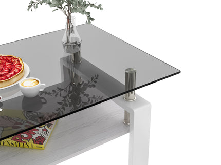Modern Rectangular Coffee Table With Tempered Transparent Glass Top And Storage Shelf