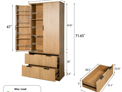 Fluted Kitchen Pantry Cabinet With 2 Large Drawers & 8 Door Spice Rack Freestanding Storage Organizer - Oak