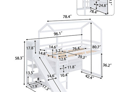 House Loft Bed With Slide, Storage Shelves And Light, Climbing Ramp