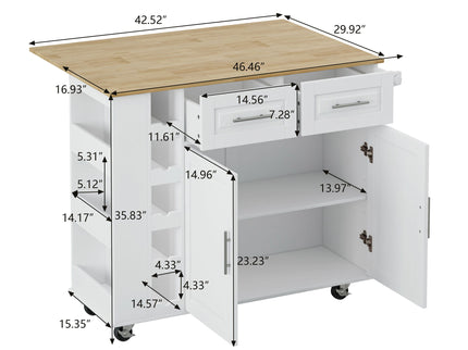 Kitchen Island Cart With 2 Door Cabinet, 2 Drawers, Spice Rack, Towel Holder, Wine Rack, And Foldable Top - White
