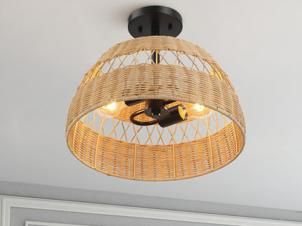 Twinkle - Double Lights Semi Flush With Shade - Black / Rattan