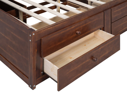 Full Size Captain Bed With Built In Storage Shelves, 4 Drawers And 2 Cabinets - Antique Brown