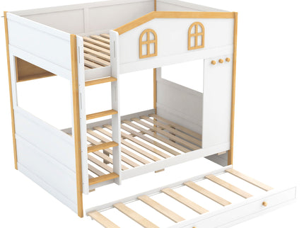 Full Over Full Bunk Bed With Storage Shelves And Trundle - White / Natural
