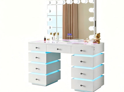 LED Lighted Makeup Vanity Desk With 15 Bulbs Mirror, RGB Light Drawers, 9 Drawers Dressing Table For Bedroom - Gloss White